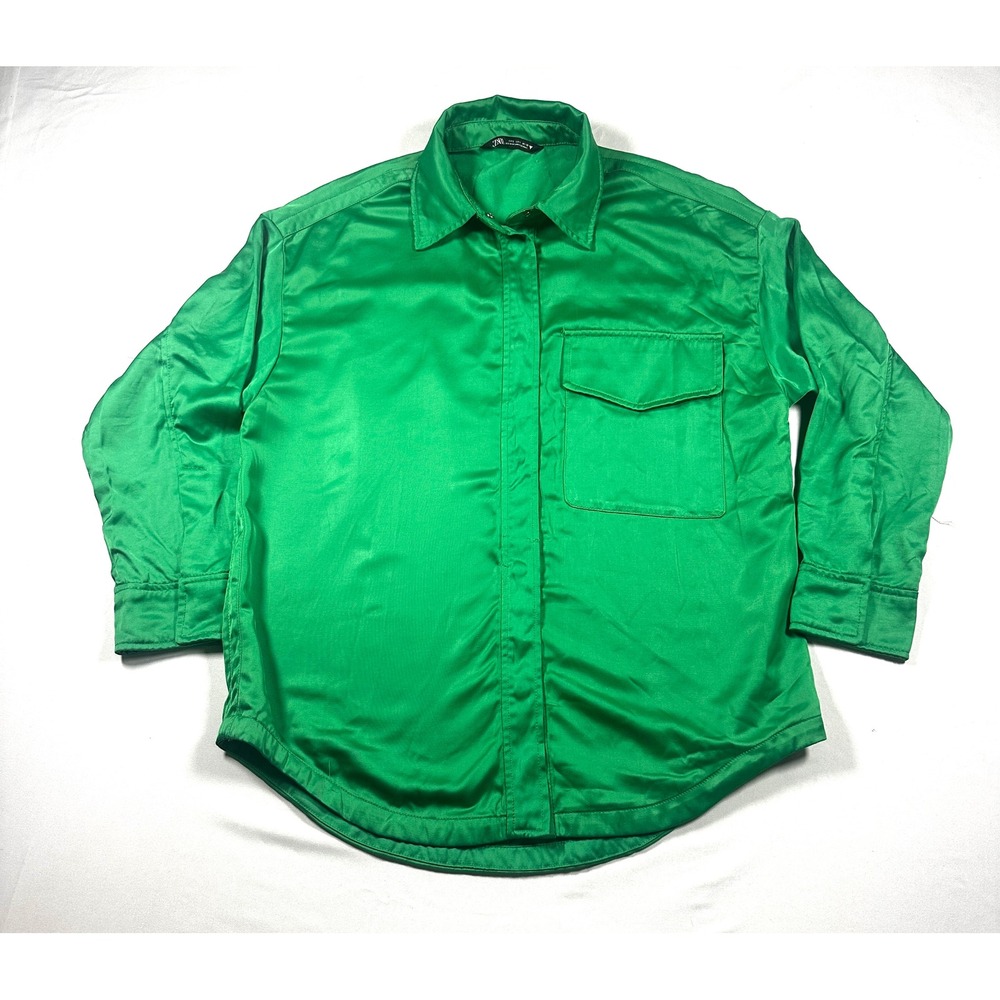 Zara Womens Emerald Green Satin Snap Front Oversized Shirt Blouse Large Pocket L